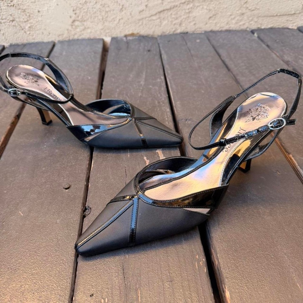 Black patent kitten heels with pointed toe and ankle strap